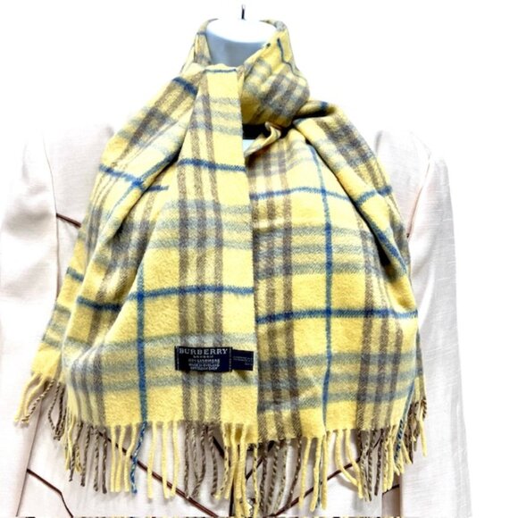 Burberry Of London Scarf 100% Cashmere Yellow blue gray Plaid Check 58"x12"(12 - Picture 3 of 11